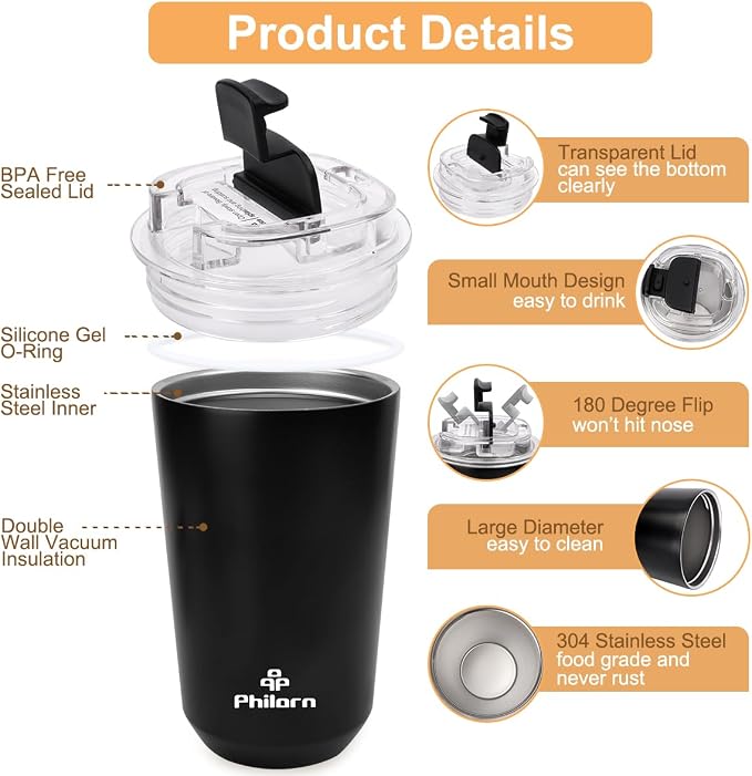 PHILORN Travel Mug Spill Proof - 12 OZ Insulated Coffee Cup With Lid | Black Stainless Steel Coffee Mug with Double Wall, For Hot and Cold Drinks
