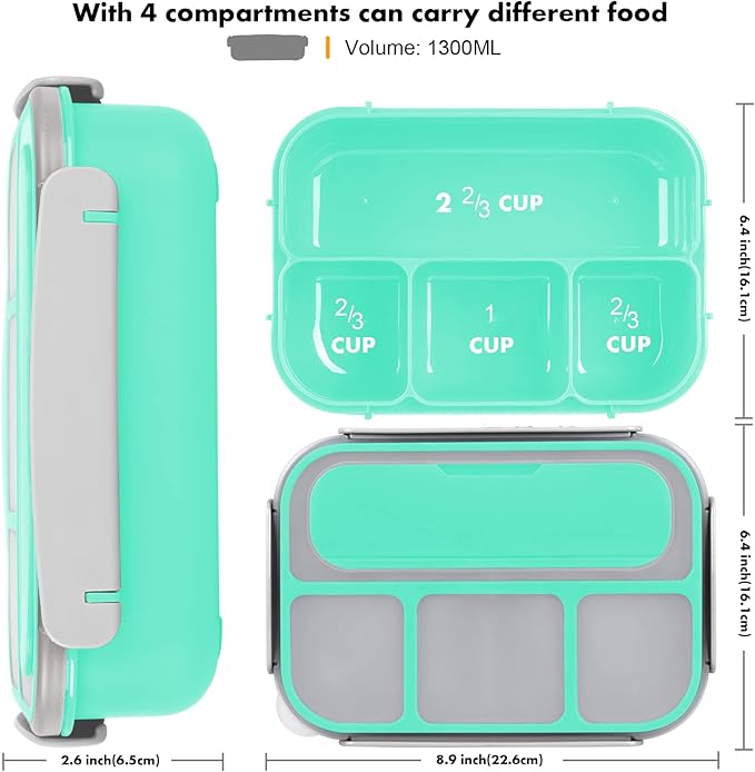 Bento Box for Kids 1300ML with 4 Compartment & Food Picks Cake Cups, Green | Lunch Box Containers for Adults/Kids/Toddler, Leak-Proof, Microwave/Dishwasher/Refrigerator Safe, BPA Free