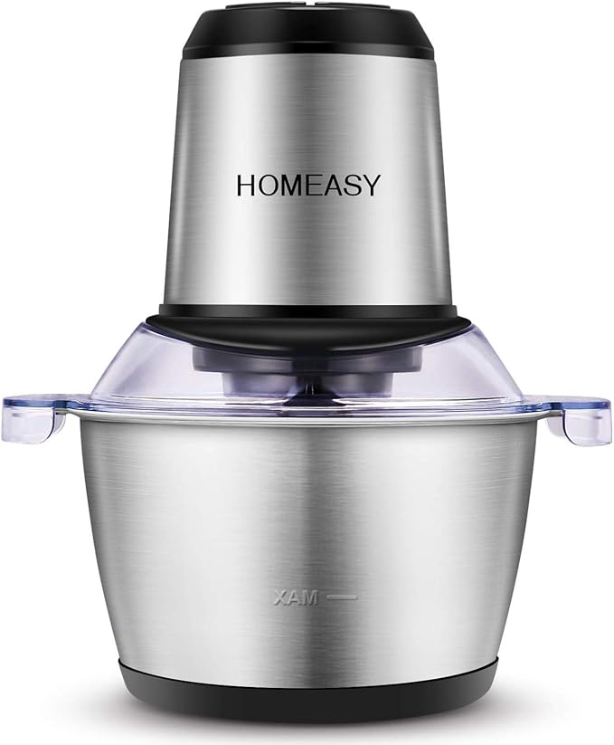 HOMEASY Electric Food Chopper, 2L Stainless Steel Meat Grinder, 4 Blades | Electric food chopper with 2L stainless steel bowl and 4 blades for meat, veggies, fruit and nuts