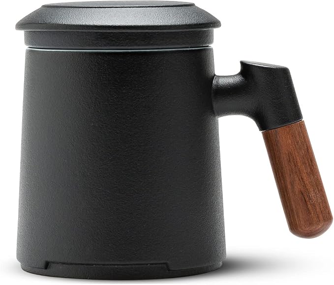 ZENS Tea Cup with Infuser and Lid for Loose Leaf Tea Steeper, 12oz Black | Embossed Ceramic Tea Infuser Mug with Fine Strainer for Herbal Tea Lovers Gifts, Vintage Wood Handle