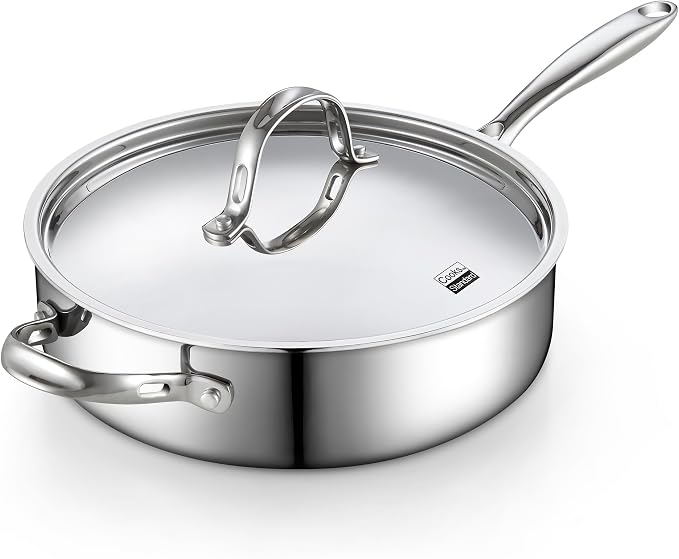 Cooks Standard Multi-Ply Clad 4 Quart Stainless Steel Sauté Pan, 10.5 Inch Deep Frying Pan Skillet with Lid, Induction-Ready Cooking Pan with Stay-Cool Handle, Dishwasher & Oven Safe