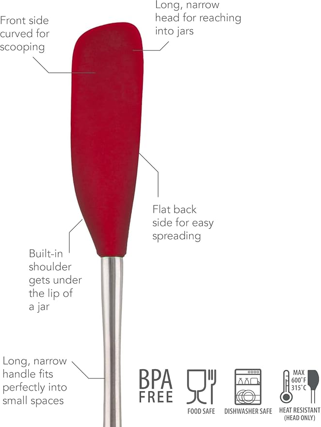 Tovolo Flex-Core Long-Handled Silicone Jar Scraper Spatula, Stainless Steel Handle, Heat-Resistant Silicone Head With Curved Front for Scooping & Scraping, Dishwasher-Safe & BPA-Free, Cayenne