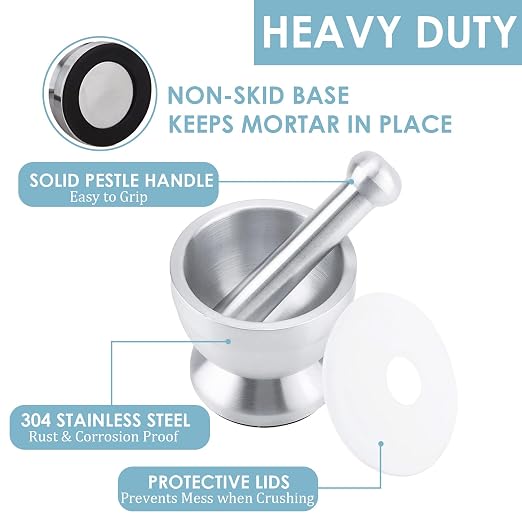 KEISSCO Stainless Steel Mortar and Pestle Set, Spices Grinder Pill Crusher with Silicone Protective Lid - Heavy Duty Mortar Pestle for Molcajete Herb Bowl, Pesto Powder, Spices Herbs Grinder