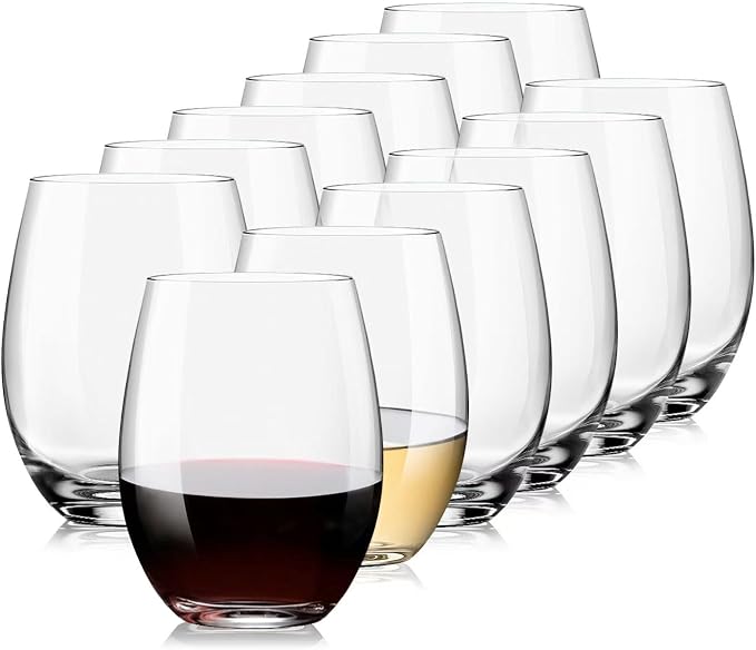 Stemless Wine Glasses Set of 12, 15oz, Crystal, Red White Wine | Clear, Dishwasher Safe, Ideal for Daily Use, Birthday, Wedding, Home Party, Anniversary, Shower