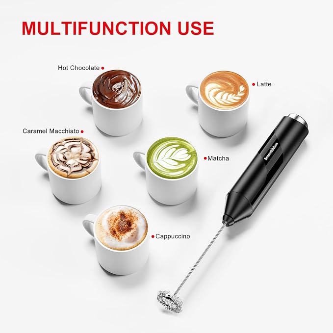 Bonsenkitchen Milk Frother for Coffee, Battery Operated （Not Iincluded) | Fast Handheld Drink Mixer with Stainless Steel Whisk, Powerful Hand Frother, Creates Rich Foam
