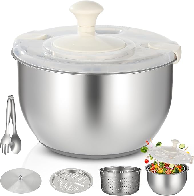 6L Stainless Steel Salad Spinner Set with Grater and Food Clip | Metal Salad Spinner, Fruit Vegetable Dryer with Built-in Drain Spout for Dehydrating Fruit and Vegetable, Pasta