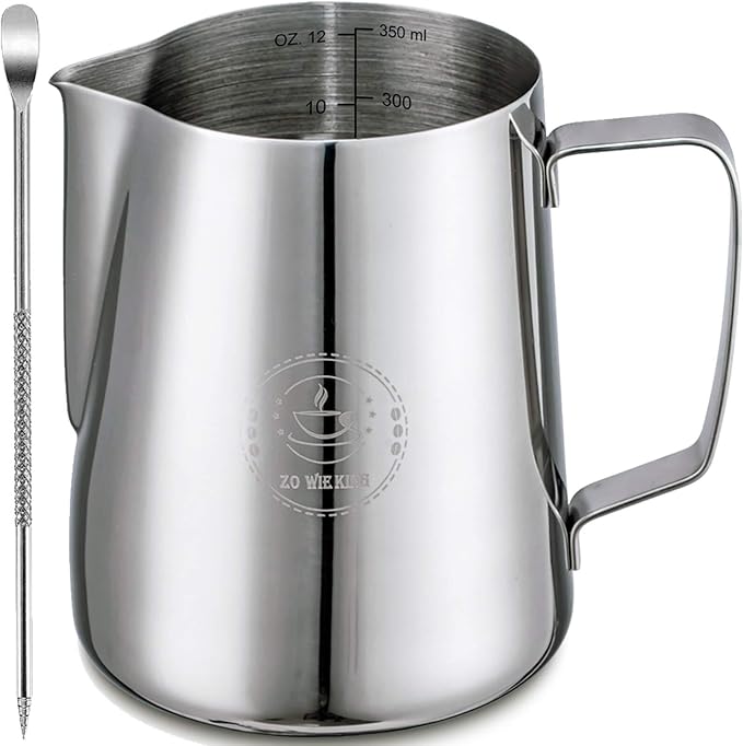 12oz Milk Frothing Pitcher, Stainless Steel Espresso Steamer Frother Cup | 350ml metal jug includes professional latte art decorating pen; top barista accessories for perfect coffee cappuccino making