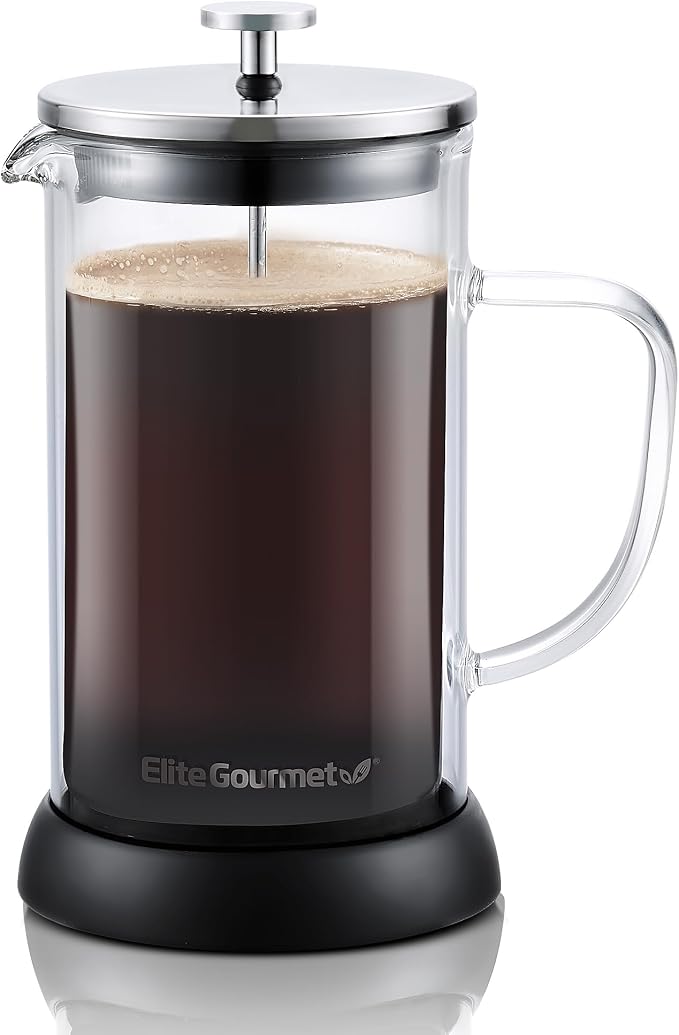 Elite Gourmet FP1223 French Press Coffee Maker, 1-Liter Glass Carafe | Double-wall insulated borosilicate glass, dishwasher-safe steel filter/plunger, removable silicone base - easy to clean