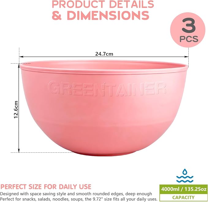 Greentainer 3 Pack Large Plastic Bowls, 135oz Plastic Salad Bowls - Reusable Serving Bowls for Party, Picnic, Entertaining, Kitchen & Outdoor, Microwave & Dishwasher Safe (Pink)