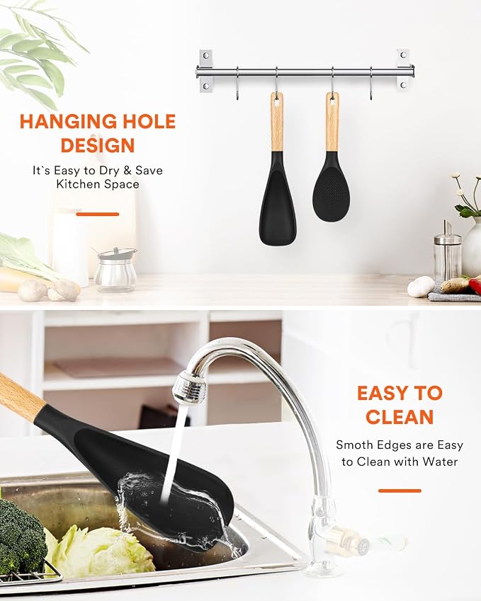 Cooking Spoon and Rice Scooper for Nonstick Cookware,Multi-function | Great for Cooking and Serving, Sturdy BPA-Free Matte Silicone, Wood Handle Spoon for Mixing, Scoop, and Scrape,9.3"+14.3"
