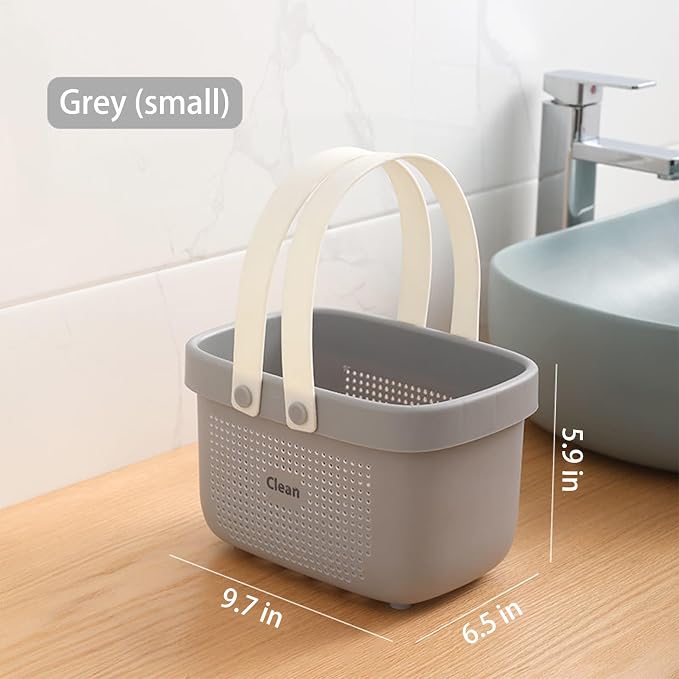 Portable Shower Caddy Basket with Handles Plastic Storage Basket Small Grey | Sturdy Drainage Large Capacity Organizer Basket with Silicone Handles for Bathroom Kitchen Bedroom College Dorm Essentials