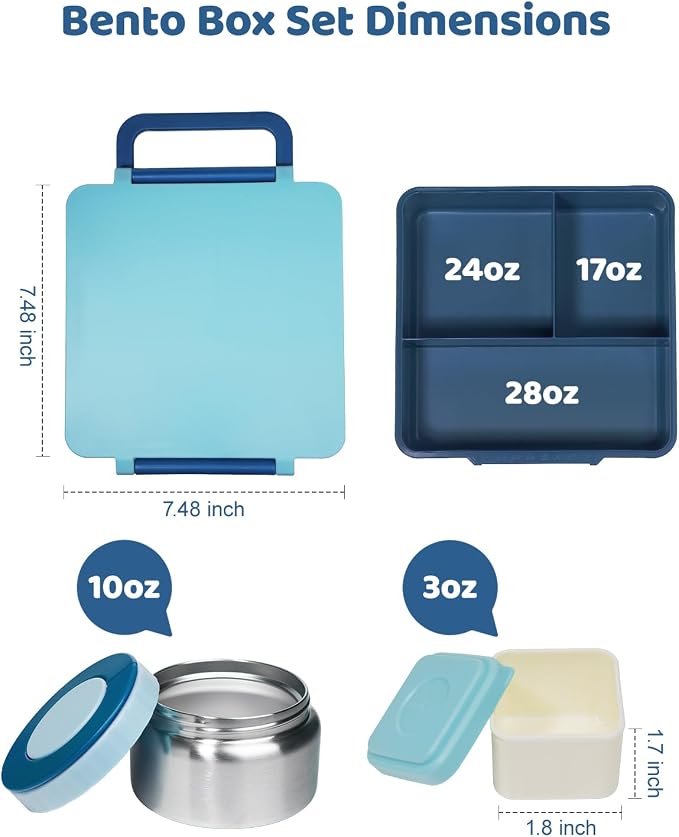 SOHIDA Bento Box with 10oz Soup Thermo: Kids Leakproof Lunch Box with 3 Compartments - Dishwasher Safe and BPA-Free - Vacuum Insulated Food Jar Suitable for Kids Back to School, Travel-Blue