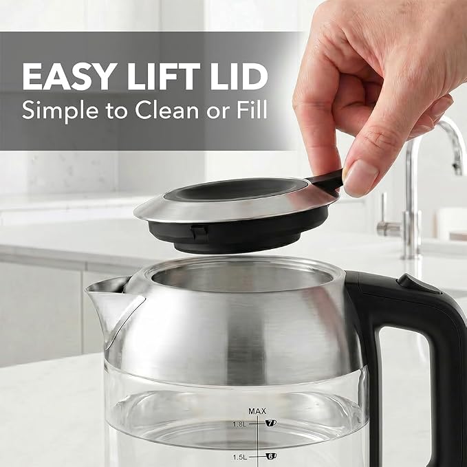 OVENTE 1.8L Glass Electric Kettle Water Boiler, Silver KG751S | 1500W Fast Boiling, Easy Fill Lid, Borosilicate Glass, BPA-Free, Blue LED, Auto Shut-Off, Boil-Dry Protection, Cordless