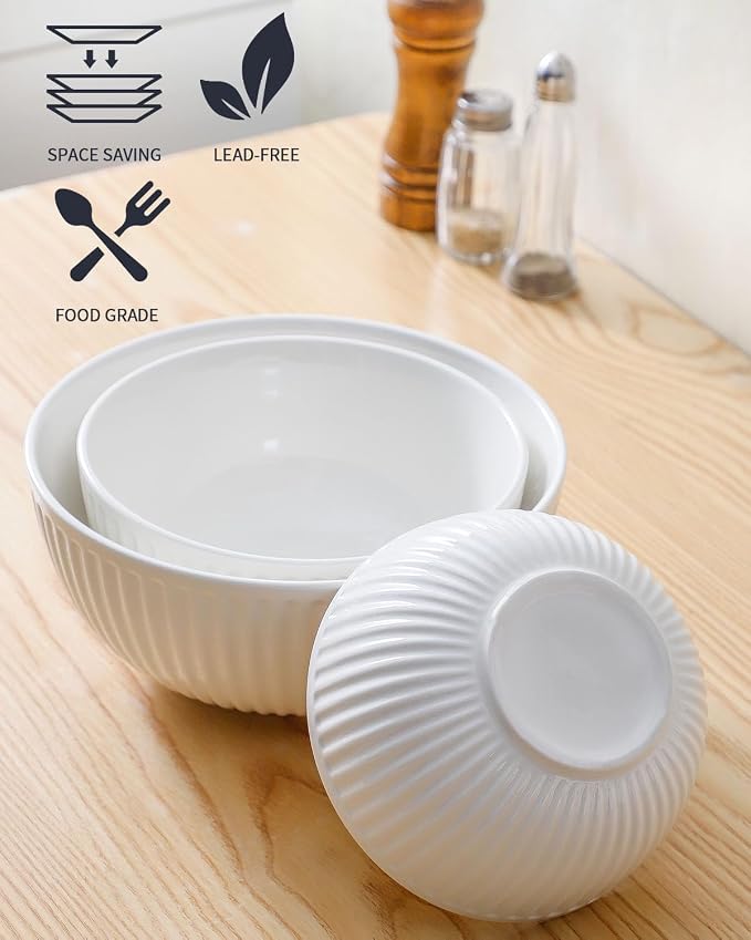 HASENSE White Ribbed Ceramic Serving Bowls Set of 3 | Stackable Nesting Salad Bowls, Large Prep Mixing Bowls for Pasta Fruit Baking Kitchen Counter Storage