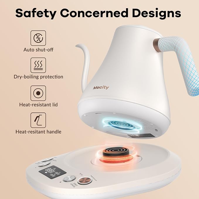 Mecity Electric Gooseneck Kettle With Keep Warm Function & LCD Display Automatic Shut Off Coffee Kettle Temperature Control Pour Over Kettle 1200 Watt, 0.8L, 120V, Off White
