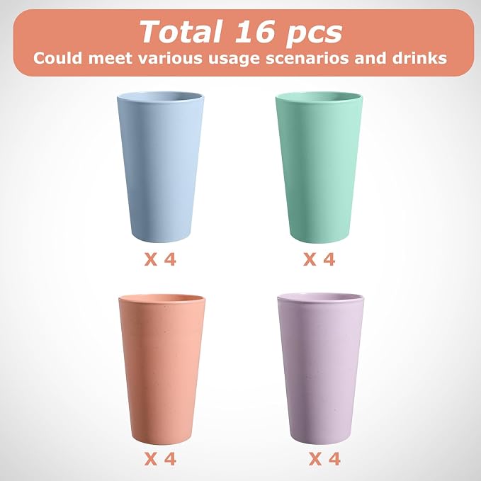 HEYCOME Set of 16 Wheat Straw Cups, 16 Pcs 20 oz Unbreakable Drinking Cups, Reusable Plastic Cups Sets, Water Glasses Tumblers, Microwave & Dishwasher Safe, Bpa Free, 4 Colors