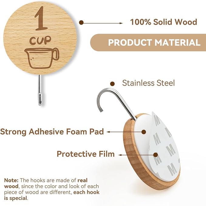 24 Pack Wooden Hooks for Organizing Measuring Cups and Spoons with Stickers