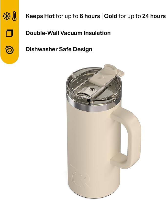 RTIC 16oz Road Trip Travel Mug with Lid and Handle, Ceramic Lined, Beach | Stainless Steel Metal, Insulated Travel Cup for Hot and Cold Drinks, Coffee, Car, Camping and Travel