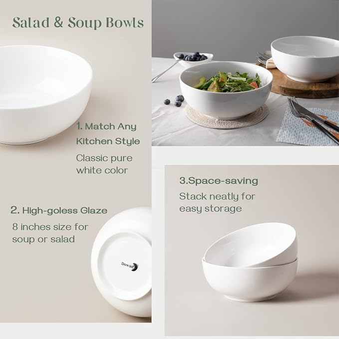 DOWAN Salad Bowls, Large Pho Bowls, 8" White Centerpiece Bowls for Nut, Pasta, Soup, Side Dishes, Ramen, Fruit, Kitchen Decor, Microwave & Dishwasher Safe, 57 Ounce