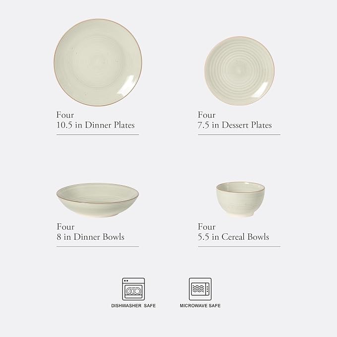 Gibson Home Stonebury 16 Piece Plates and Bowls Cream Grey Dishes - Handpainted Stoneware Dinnerware Set - Service for 4