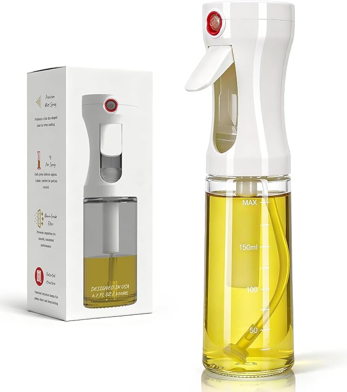 Oil Sprayer for Cooking, Olive Oil Sprayer, Approx. 1g Per Press (1) | Patented Spray Structure, Glass Bottle, Wide Fan Mist, Built-in Filter for Air Fryer, Salad, BBQ and Baking