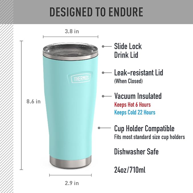 THERMOS Icon Series 24oz Stainless Steel Tumbler with Slide Lock Lid, Leakproof, Fits Cupholder, Dishwasher Safe, Griptec™ Non‑Slip Base, Keeps Drinks Hot 6 Hrs/Cold 22 Hrs, Sea Green