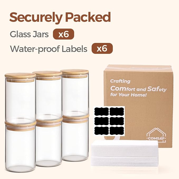 ComSaf Glass Storage Containers wtih Lids 1 Qt, Set of 6 Food Storage Jars | Round Glass Jars With Bamboo Lids, Kitchen Canisters 32oz, Pantry Organizers, Tea, Spice, Coffee, Dry Food Storage, BPA Free