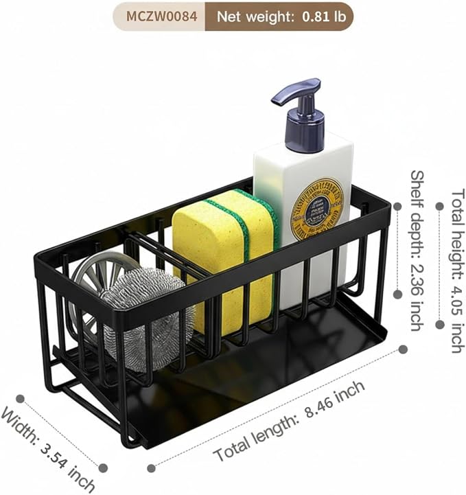 18/8 Stainless Steel Sink Caddy Sponge Holder for Kitchen | Self Drain Tray, Soap holder with Divider (Black)