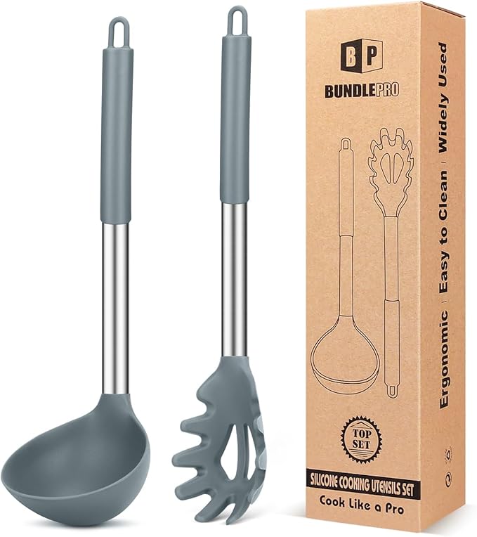 BUNDLEPRO Silicone Pasta Fork and Ladle Spoon Set, 2 Pack, Gray | Large Non Stick, High Heat Resistant Kitchen Utensils for Cooking,Stirring,Serving Spaghetti, Soup, Sauce