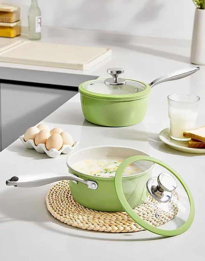 Nonstick Ceramic Saucepan with lid, Small Cooking Pot with handle, Induction Comptable (Green, 2.5 Quarts)