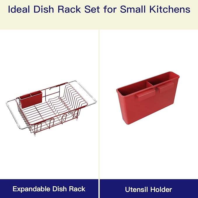 Red Dish Drying Rack Over The Sink with Utensil Holder | Expandable Stainless Steel Dish Drainer for Small Kitchen, Apartment, RV, Counter Space Saving, Perfect Fit, Rustproof