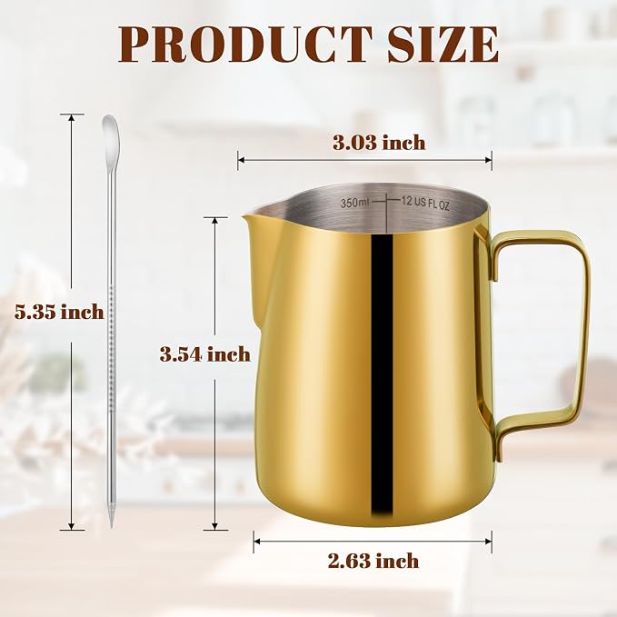 Amrules Milk Frothing Pitcher, 12 oz Milk Frother Cup with Clear Scale, 304 Stainless Steel Cappuccino Espresso Machine Accessories for Barista Coffee Bar with Latte Art Pen, Gold