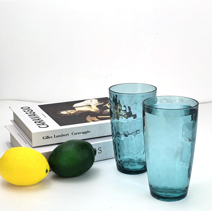 Yalin 20 Ounce Acrylic Drinking Glasses, Reusable Plastic Tumbler, Stackable, BPA-Free, Shatter Proof, Dishwasher Safe, Set of 6 Cups (Cyan)