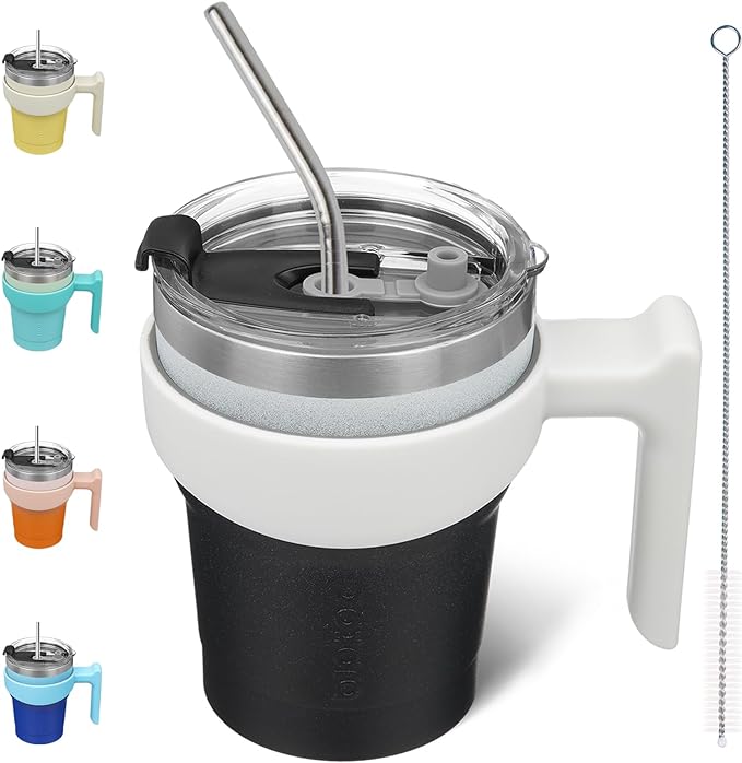 BJPKPK 10 oz Mini Tumbler with Lid, Straw & Handle, Insulated Steel Cup | Small, Spill Proof, Leak Proof, Thermal, Double Wall Vacuum, Sweatproof, Dishwasher Safe, BPA Free, Day & Night