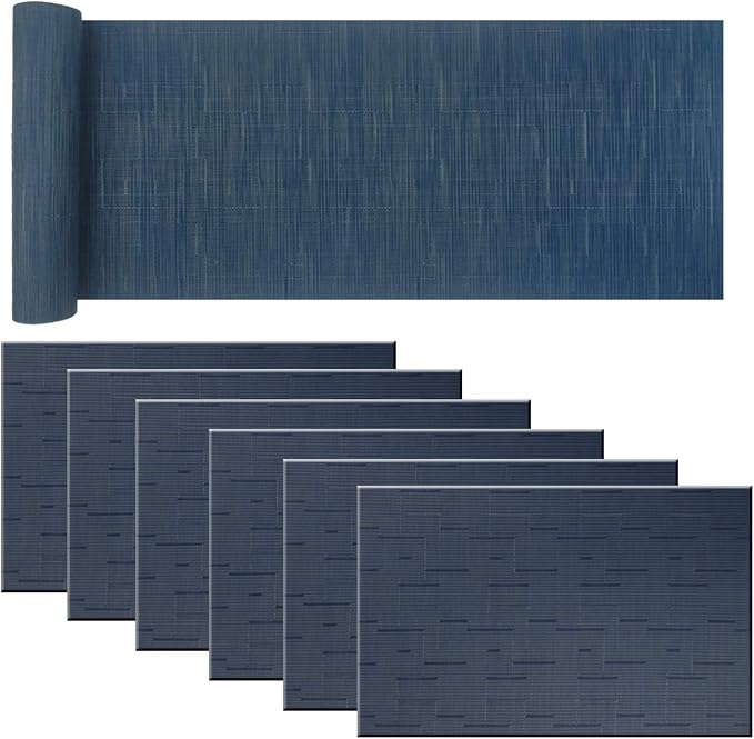 Placemat Matching with Table Runner,Cross-Weave Heat Resistant Placemat Washable Table Mats Sets(6pcs Placemats + 1 Table Runner, Navy Blue)