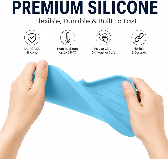 MicoYang Silicone Soap Dish with Drain Spout — Self-Draining Sink Organizer Tray for Bathroom & Kitchen, Sponges, Dispensers & Soap Holder, Non-Slip & Dishwasher Safe, Light Blue (Medium, 9.6"×5.3")