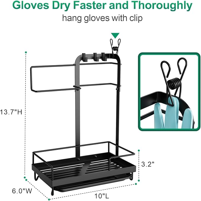 Kitchen Sink Organizer - Large Sink Caddy for Brushes, Black | Removable Drip Tray, Towel Bar & Glove Clip for Sponge, Sink Counters, Cleaning Tools and Kitchen Daily Use, Rust-Resistant