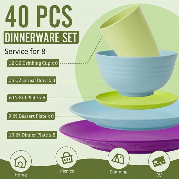 Kitchen Wheat Straw Dinnerware Set | Service for 8 | Unbreakable Dinnerware Set Plates and Bowls Sets Dinner Plates Dessert Plate Drinking Glasses Cereal Bowls Kitchen Dishes Sets - Memphis
