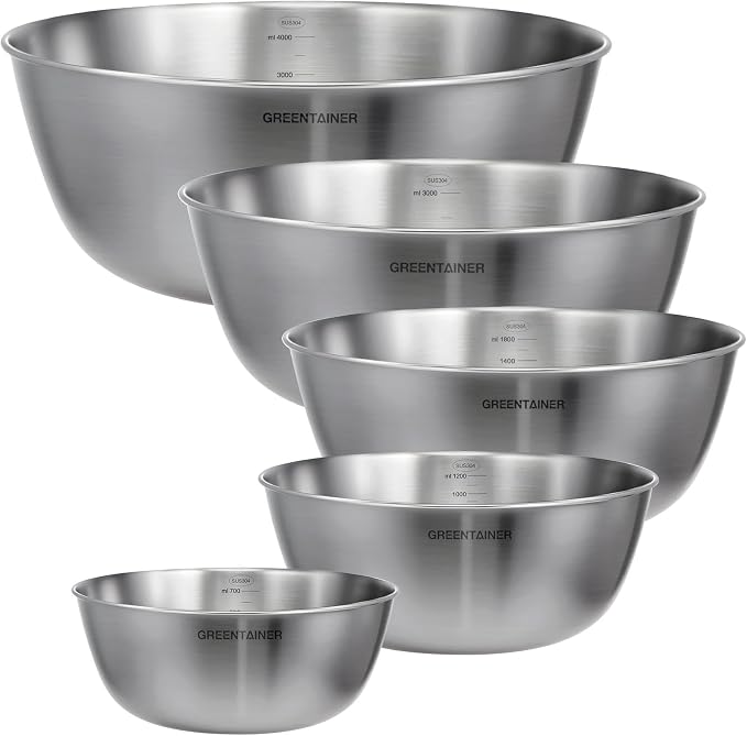 Greentainer Stainless Steel Mixing Bowls Set of 5 | 5.2 to 0.8 Qt Nesting Bowls with Measurement Markings | Dishwasher Safe | Metal Kitchen Bowls for Baking, Prepping, Cooking and Serving Food