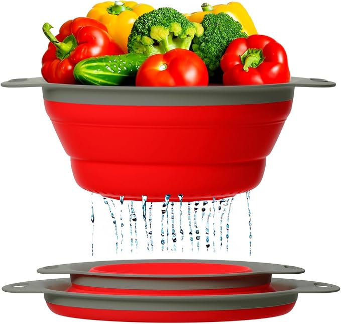 Comfify Ultimate Kitchen Strainers Set of 2 - Collapsible Silicone Colanders For Easy Storage - Use with Pasta & Veggies or as a Fruit or Berry Bowl with Strainer - Irreplaceable for Campers - Red | Red; silicone; set of 2 (8" & 9.5"); collapses to 1.2...