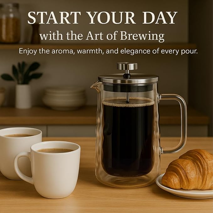 Glass French Press Coffee Maker, Heat Resistant Borosilicate Glass (22oz Wavy)