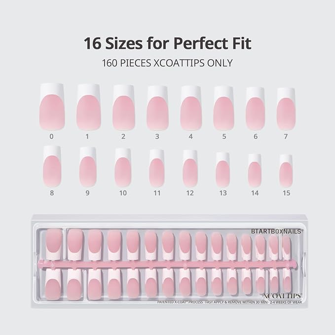 BTArtboxnails XCOATTIPS White French Tip Press On Nails, Long Square, Pink | Lamp-Curable, 4-Week Wear, Salon Quality Value at Home, Natural Nail Look, Easy-to-Apply for Beginners, 160Ct Nail Tips Only