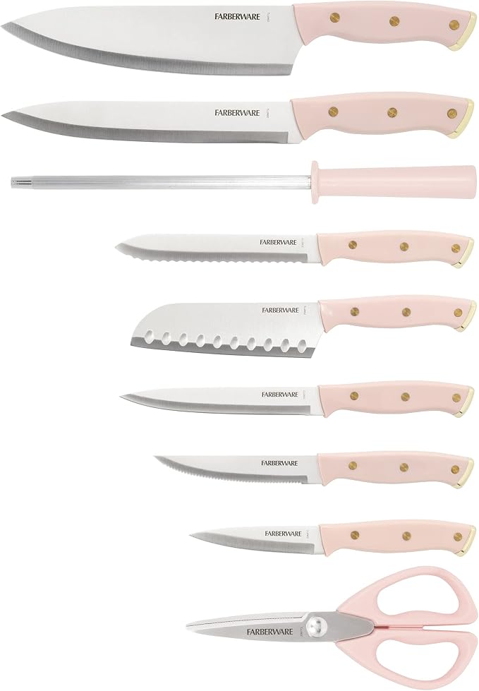 Farberware 15-Piece Knife Block Set with Black Soft-Grip Handles and Graphite Block - Kitchen Knife Set with Chef Knife, Steak Knives, Shears and Sharpening Steel