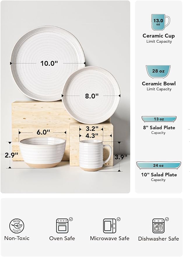 LE TAUCI Ceramic Dinnerware Sets for 4, 16 Piece Kitchen Dish Set with Mugs, Plates and Bowls Sets, Chip Resistant, Microwave & Dishwasher Safe, Arctic White (8"&10" Plate, 28oz Bowl, 12oz Mug)