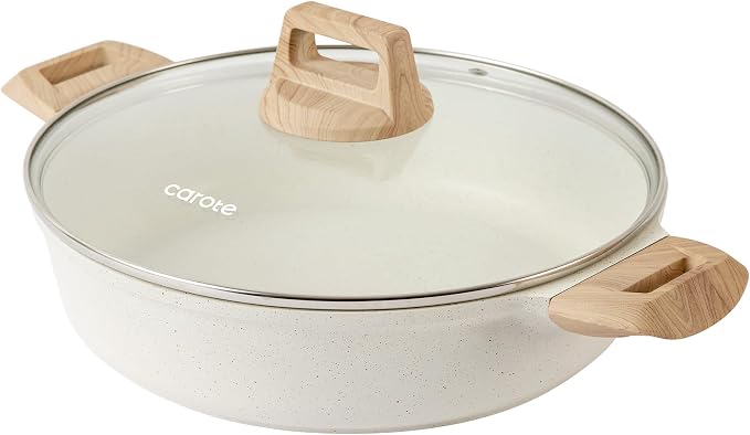 CAROTE Nonstick Stock Pot with Lid,4 Quart Shallow Soup Pot | Kitchen Casserole Compatible with All Stoves, Non Stick Cooking Pot, Cookware for Boiling, Simmer PFOA Free, White Granite