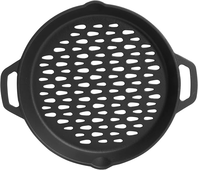 12" Round Cast Iron Grill Basket with Dual Handles – For Veggies/Fish/Meat | Heavy-duty seasoned cast iron basket; fits most grills/smokers; small perforations prevent food loss; dual handles