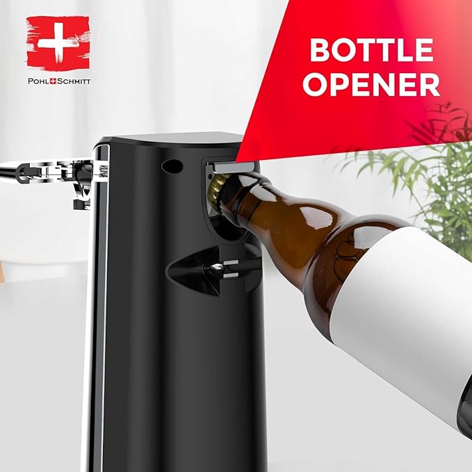POHL SCHMITT Electric Can Opener, Knife Sharpener & Bottle Opener | Easy Push Down Lever, Works with Standard And Pop-Top Cans, Durable Stainless Steel & ABS, Kitchen Essentials and Accessories