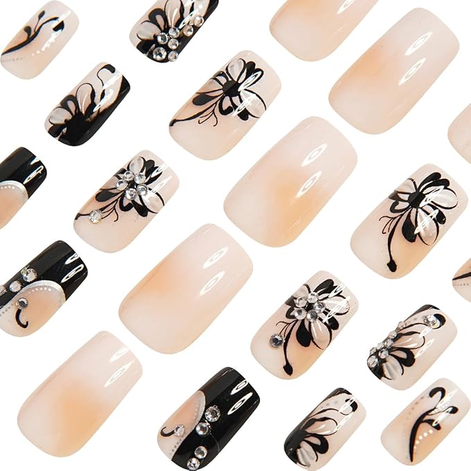 24Pcs Summer Press on Nails Short Square Fake Nails Press ons Nail Art Tips with 3D Rhinestones Design Acrylic Glue on Nails Full Cover Black Butterfly Flower False Nails for Women Manicure