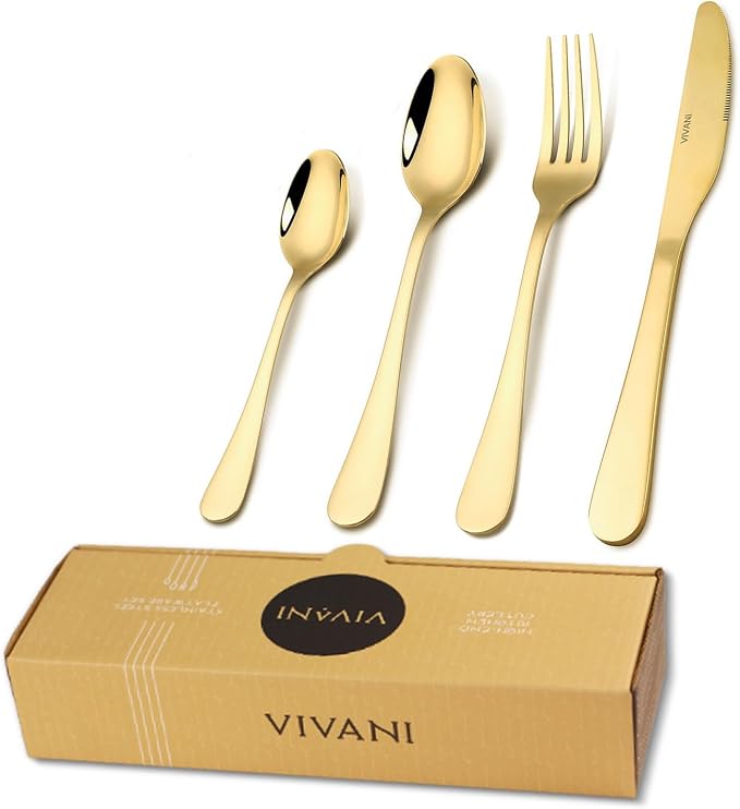 VIVANI 16-Piece Gold Silverware Set for 4, Stainless Steel Flatware Set | Dishwasher Safe Cutlery Set with Titanium Coating for Home, Kitchen, Apartment, Dinner Party, Housewarming, Rust Resistant