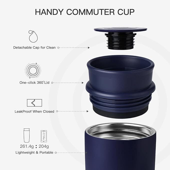 Travel Coffee Mug with 360°Lid, 12 oz Coffee Tumbler Insulated Travel Mugs for Hot and Cold, Vacuum Insulated Stainless Steel Coffee Cup Leak Proof Spill Proof-Navy Blue